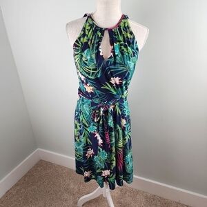 Tahari Floral Print A Line Midi Lined Dress With Keyhole Front Opening Size 2